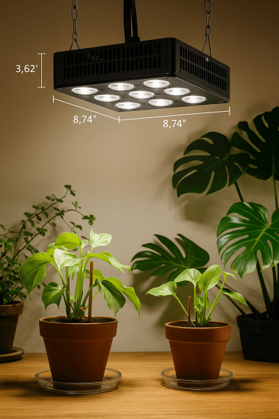 LBW adjustable LED grow light hanging above potted plants, providing full-spectrum lighting indoors.