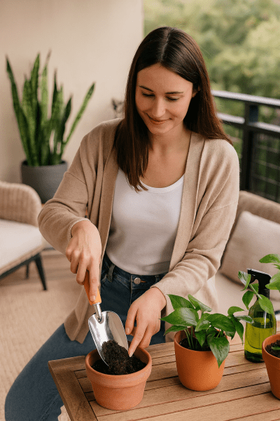 Woman using Berry&Bird Garden Loose Soil Scoop to transfer soil into a small terracotta pot on a balcony garden.