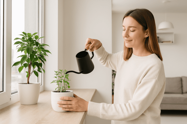 A woman waters indoor plants in a bright apartment using a black Psukhai watering can with a wooden handle.