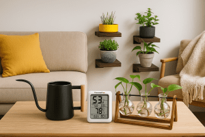 Affordable indoor gardening supplies with budget-friendly watering can, hygrometer, and potted plants on a living room table.