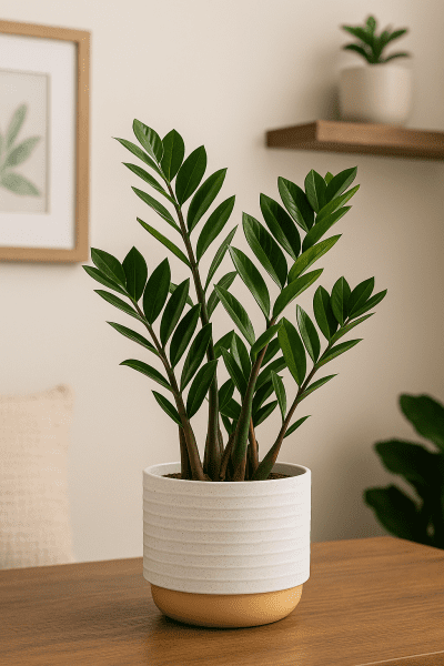 Farms ZZ plant in a modern two-tone ceramic pot on a wooden surface, featuring glossy green leaves ideal for low-light indoor spaces.
