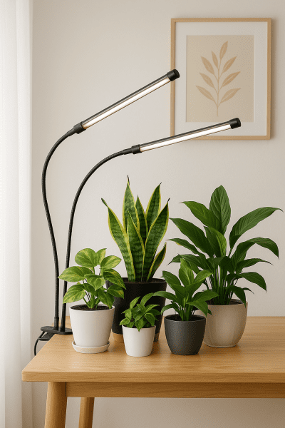 Adjustable dual-head full spectrum LED grow light clipped to a table, illuminating Snake Plant, Spider Plant, and Peace Lily indoors