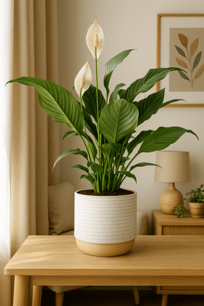 Peace Lily in a modern white ceramic pot with graceful white blooms and lush green foliage, a low-maintenance indoor plant ideal for shaded spaces and air purification