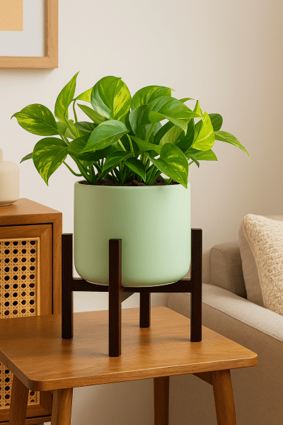 Pothos plant in a modern green pot on a wooden stand, a low-maintenance indoor plant with cascading vines that thrive in apartments and low-light conditions