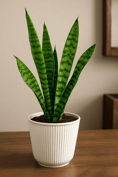 Snake plant in a decorative pot, low-maintenance indoor plant perfect for small apartments and beginner gardeners