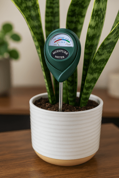 XLUX soil moisture meter inserted into a snake plant pot, showing moisture levels to help indoor gardeners know when to water plants like ZZ plants and peace lilies