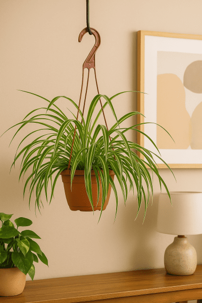 Spider Plant in a hanging basket with arching variegated leaves, a low-maintenance indoor plant ideal for small apartments and air purification