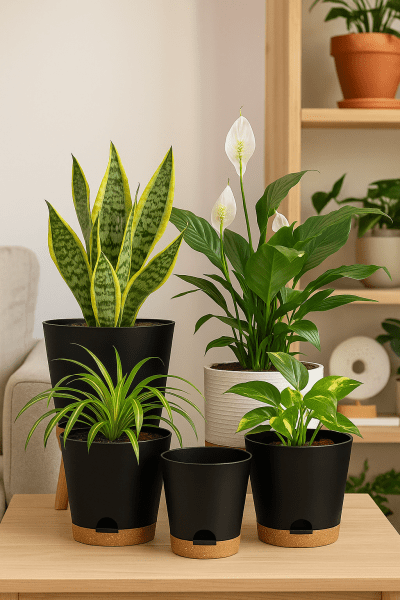Set of modern black self-watering pots with drainage, featuring Snake Plant, Peace Lily, Spider Plant, and Pothos thriving indoors with minimal care