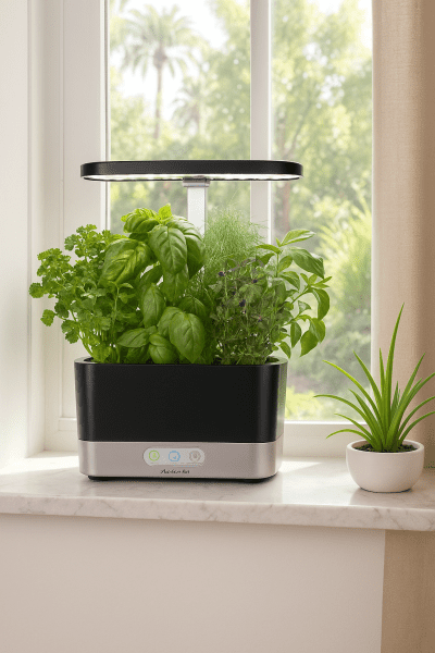 AeroGarden Harvest indoor garden kit with LED lights and herbs on a windowsill, a top choice for window gardening ideas for beginners