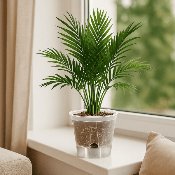 Self-watering pot with a healthy indoor plant on a windowsill, showing an easy window gardening idea for small apartments and busy gardeners.
