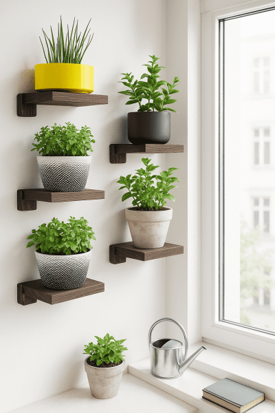 Floating plant shelves with potted herbs by a window, showcasing vertical window gardening ideas for small spaces