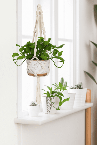 Macrame plant hanger with trailing greenery above a windowsill garden featuring potted plants and decorative containers