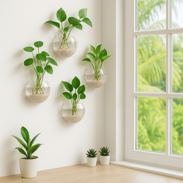 Window gardening ideas with Mkono hanging glass terrariums mounted on the wall near a bright window