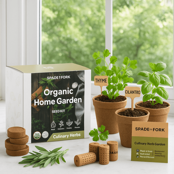 Windowsill garden kit with organic herb seeds, biodegradable pots, and soil discs for beginner indoor gardening ideas