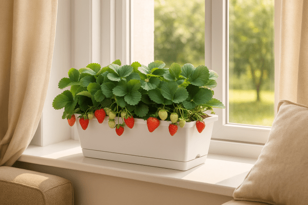 Window gardening ideas with a rectangular box planter growing strawberries on a windowsill