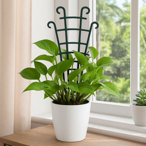 Potted plant on a windowsill with a mini trellis for climbing plants – compact indoor gardening idea