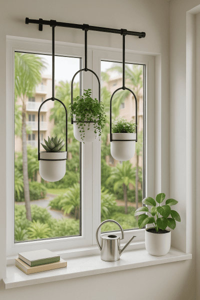 Vertical window gardening ideas with Umbra Triflora hanging planters for herbs and trailing plants