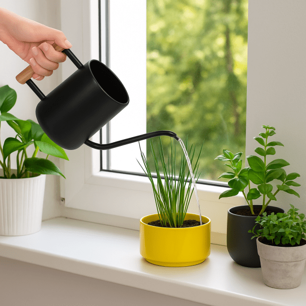 Person watering herbs and plants on a windowsill garden using a long-spout watering can for better airflow and plant care
