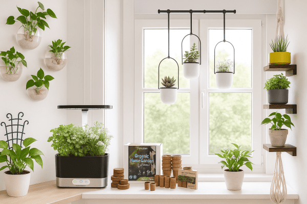 Indoor window gardening ideas with potted plants, hanging planters, and shelves on a sunny windowsill—perfect for small apartments and beginner gardeners.