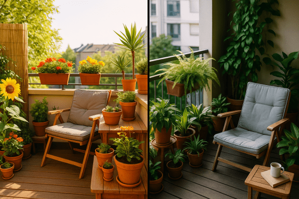 Split-screen image showing a sunny balcony with colorful flowers and a shaded balcony with lush ferns, highlighting how lighting affects plant choice.