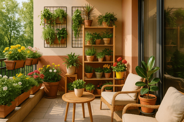 A realistic photograph of a small urban balcony garden featuring lush potted plants, colorful flowers, and cozy seating, creating a relaxing outdoor space. Balcony gardening ideas