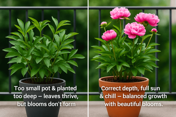 Grow peonies in pots comparison — left pot planted too deep in a small container with no blooms, right pot shows healthy potted peonies flowering with proper depth, sun, and chill.