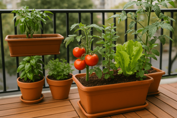 Tomato plants and leafy greens growing in balcony containers with herbs in terracotta pots.