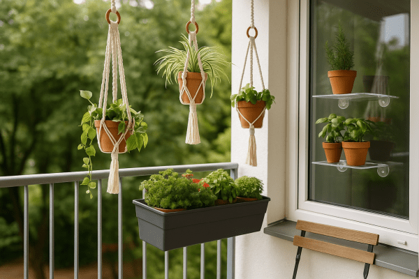 Balcony with macrame plant hangers, railing planter box, and suction cup window planters used for growing herbs and flowers in a small outdoor space.