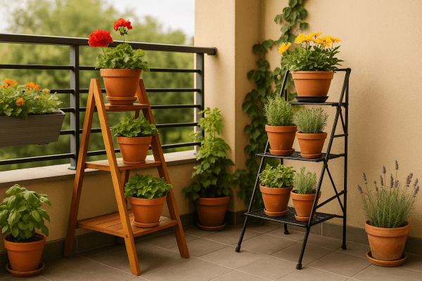 A bright balcony garden featuring a 3-tier wooden ladder plant stand and a foldable metal plant stand, both filled with colorful flowers and herbs. Apartment balcony garden.