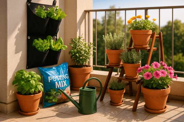 Balcony gardening tools including a vertical grow bag, terracotta pots with flowers and herbs, and a green watering can arranged on a small balcony.