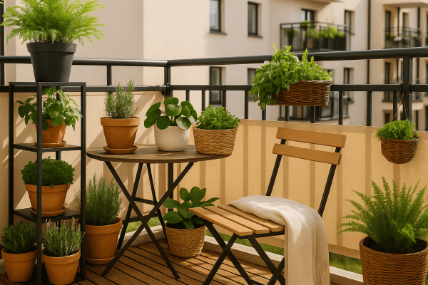 Cozy urban balcony with a small bistro table, folding chair, and assorted potted plants in terracotta and woven baskets. Small balcony gardening ideas.