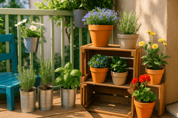 A colorful balcony garden featuring repurposed wooden crates, painted tin pots, and recycled planters filled with herbs and flowers.