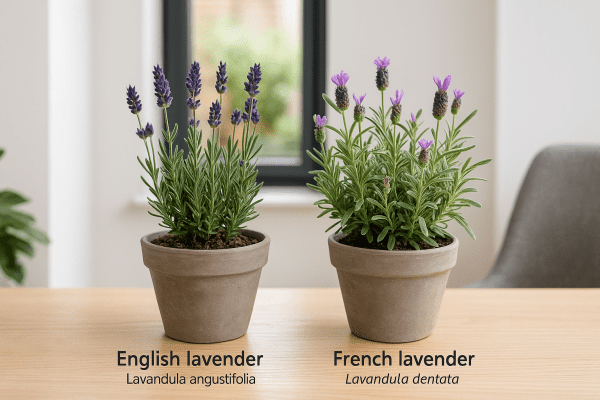 Side-by-side comparison of English lavender and French lavender plants in pots, showing differences in foliage and blooms.