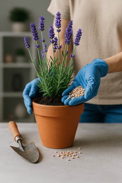 Gardener applying slow-release granular fertilizer to lavender in a terracotta pot indoors.