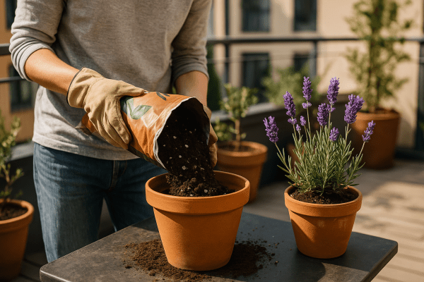 Gardener adding potting mix into terracotta container with potted lavender plants on a balcony.
