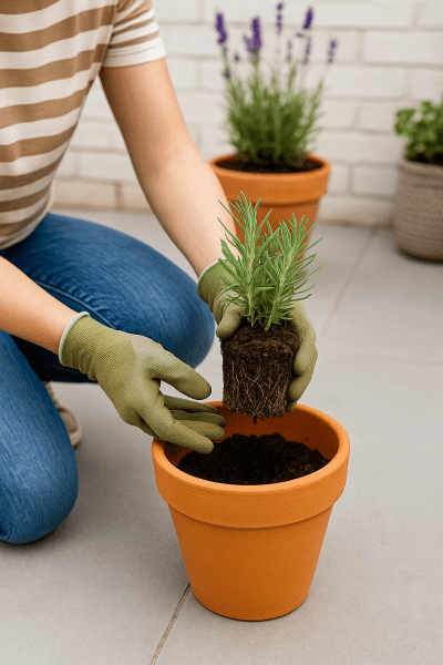 Gardener planting young lavender plant in terracotta pot with prepared potting soil on a balcony.