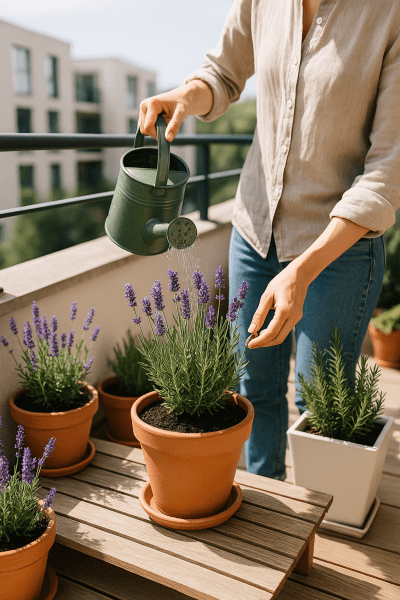 Gardener watering potted lavender plants on a sunny balcony to keep soil moisture balanced.