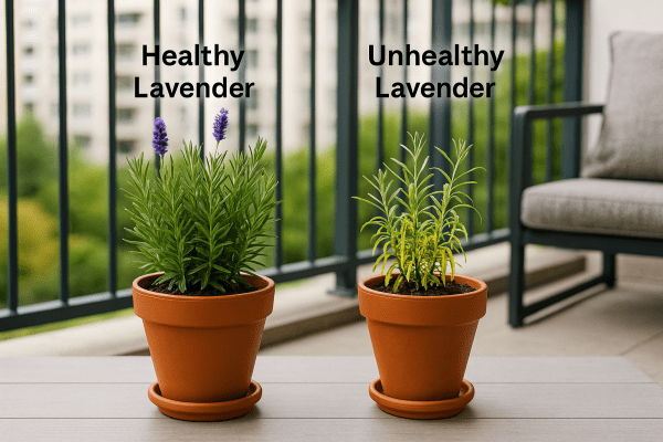 Side-by-side comparison of healthy potted lavender and unhealthy lavender in containers, showing the impact of soil, water, and care.