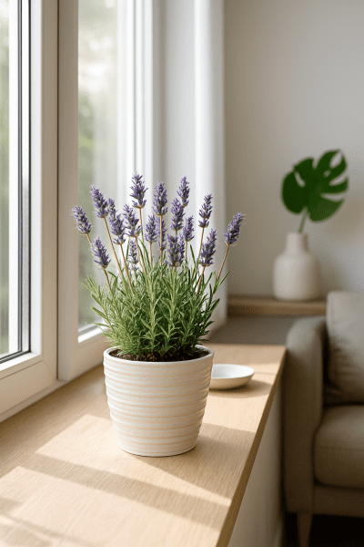 Potted lavender plant growing indoors on a sunny windowsill, thriving with at least six hours of direct light.
