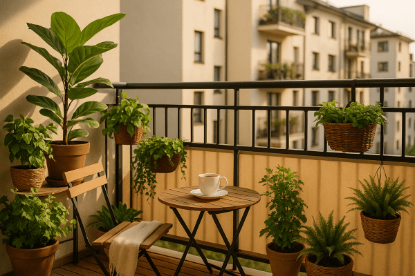 Small balcony garden with potted plants, hanging baskets, and a cozy seating area, showing how to create a lush retreat in compact spaces.