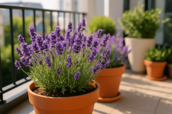 Fragrant lavender flowers blooming in terracotta pots on a sunny balcony, showing how potted lavender thrives with fragrance and color.