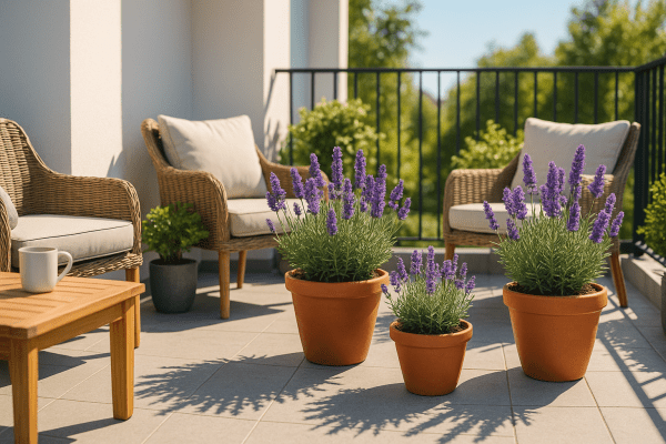 Multiple pots of lavender flourishing on a sunny balcony, showing how to grow lavender in containers for small outdoor spaces.