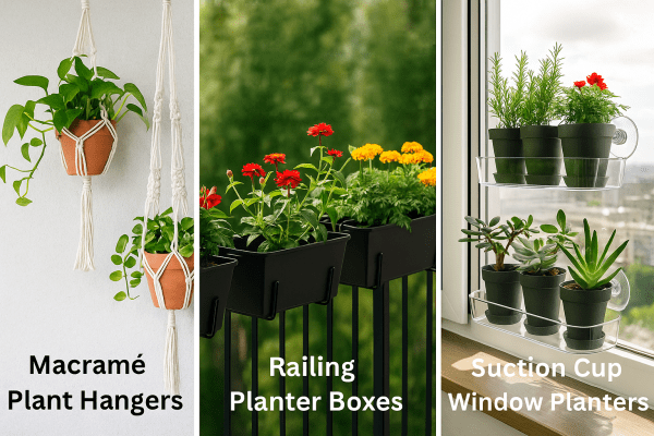 Low-maintenance balcony plants including succulents, herbs, and pothos in decorative planters, perfect for small-space gardening.