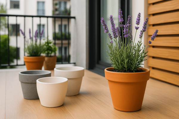 Terracotta and ceramic pots with lavender plant on a balcony, showing ideal containers for growing lavender in pots.