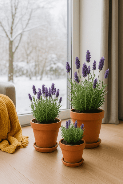 Potted lavender plants overwintering indoors near a window to protect roots from freezing while receiving sunlight.