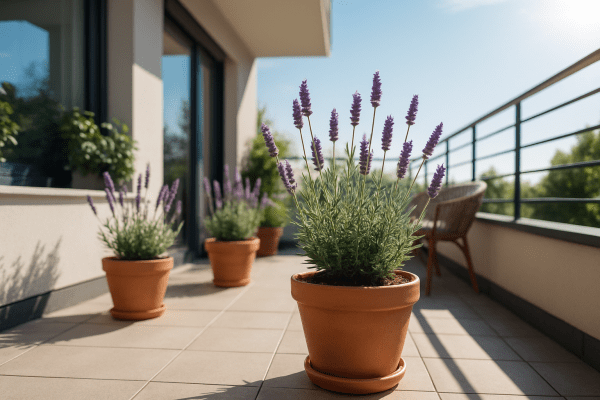 Potted lavender plants in terracotta containers on a sunny balcony receiving full sun.