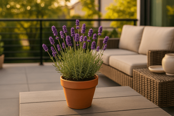 Lavender plant in a terracotta pot placed on a balcony table, thriving in container gardening setup.