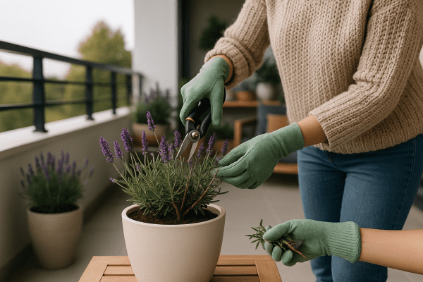 Gardener pruning potted lavender plant in a container to keep it compact, bushy, and blooming.