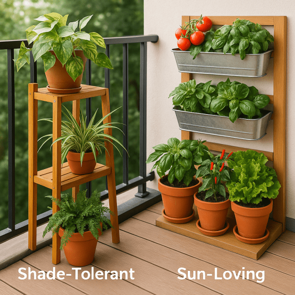 Balcony garden with shade-tolerant plants on a wooden stand and sun-loving vegetables like tomatoes, basil, and lettuce in galvanized planters.