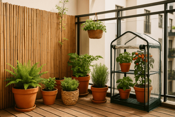 Small urban balcony garden with bamboo privacy screen, potted plants, and weather protection panels for wind and rain control.